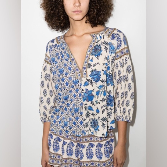 Boteh / Lazuli Smock Top neutral floral puff sleeve Blue 1 small 4 - Picture 4 of 12